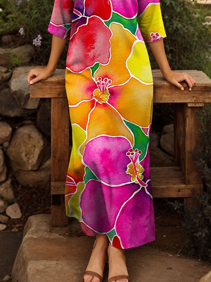 Femmes Robe maxi Robe T-Shirt Robe fourreau Vacances Occasionnel Boho Extérieur Sortir Coupe régulière Fleuri Graphique Demi Manches Col en V Fuchsia Été Printemps de 2025 ? $46.99 –P3