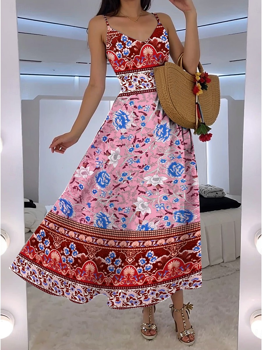 Damen Maxikleid A Linie Kleid Unterkleid Urlaub Lässig Boho Ausgehen Strand Standard Passform Blumen Grafik Ärmellos V Ausschnitt Rote Blau Grün Sommer Frühling 2025 - $28.99 –P2
