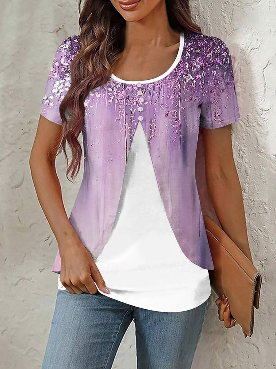 Damen T Shirt Ombre Grafik Marmor Elegant Stilvoll Kurzarm Rundhalsausschnitt Rundhals Normale Oberteile Täglich Ausgehen Patchwork Knöpfe Gestuft Rosa Blau Purpur Grün Sommer Frühling 2025 - $23.99 –P2
