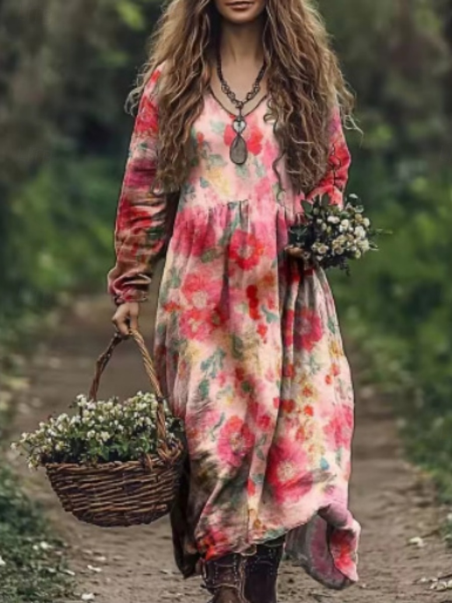 Damskie Długa sukienka sukienka maxi Codzienne sukienki Letnie sukienki Sukienka Boho Plemienny Urlop Codzienny Regularny Kwiaty Długi rękaw W serek Czarny Rumiany róż Burgundowy Niebieski Lato 2025 - $22.99 –P10