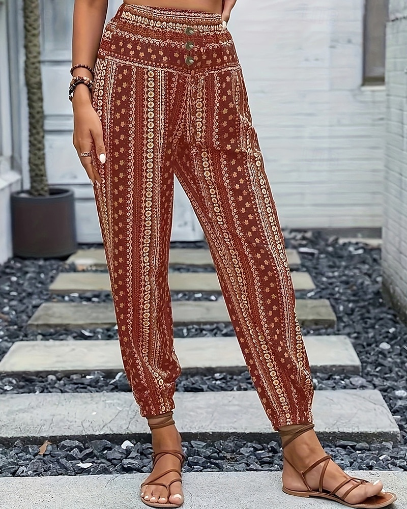 Mujer Persona que practica jogging Pantalones Vacaciones Boho Longitud total Media cintura Geométrico Cintura elástica Transpirable Cómodo Microelástico Calle Ropa Cotidiana Noche Morrón Oscuro 2025 - $19.99 –P20