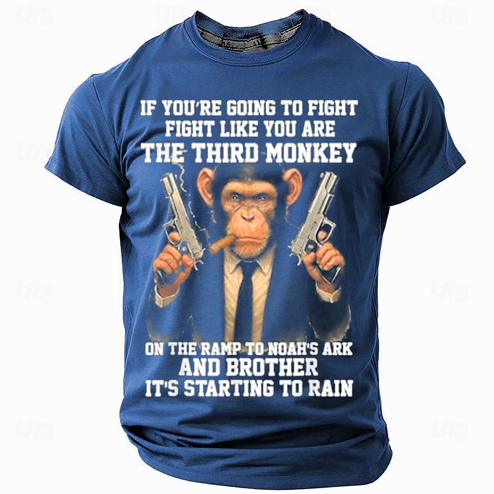 2025年 メンズショートスリーブグラフィックTシャツ 'ノアの方舟の三番目の猿のように戦え' ユーモラスライフスタイル  コレクション – $17.99 –P2