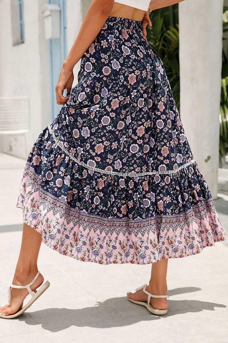 Pentru femei Fustă Boemia Casual Boho Maxi Talie Medie Fuste Floral Imprimeu Micro-elastic Vacanță Stradă Migdală Roșu-aprins Albastru piscină Portocaliu Vară Celofibră 2025 - $21.99 –P7