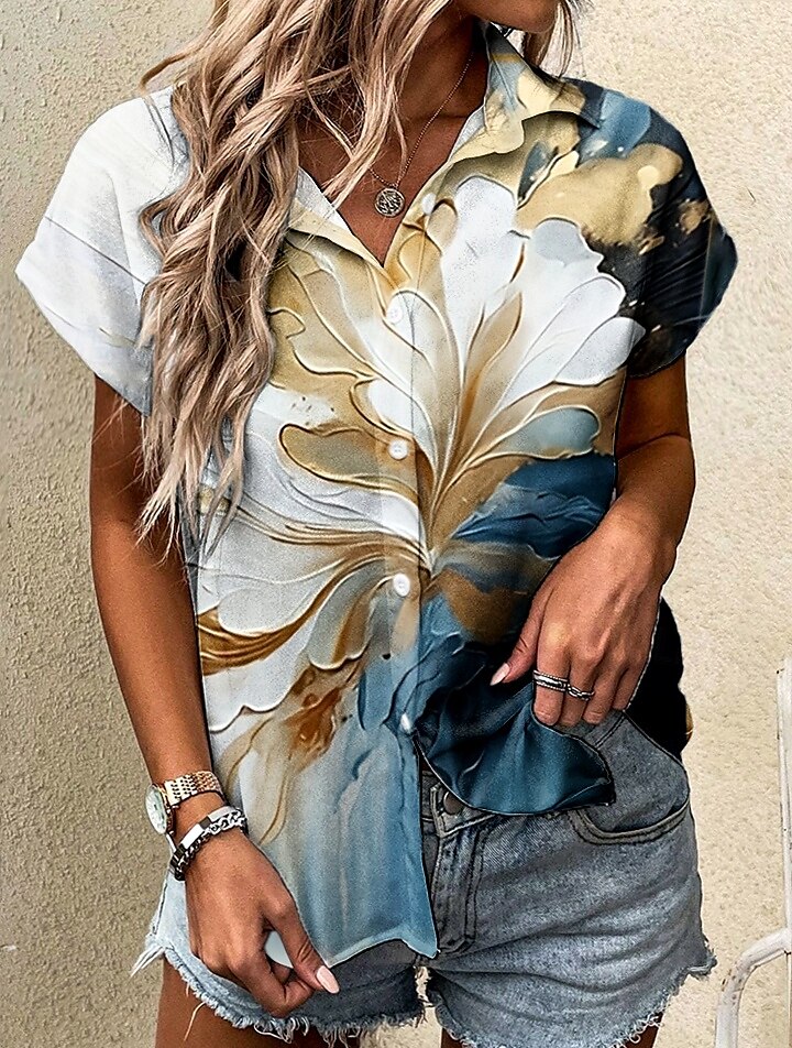 Dame Skjorte Blomstret Grafisk sparkly Årgang Tropisk Daglig Ermeløs Kortermet Kappeerme Skjortekrage Lange topper Daglig Dusty Blue Gull Sommer Vår 2025 - $25.99 –P1