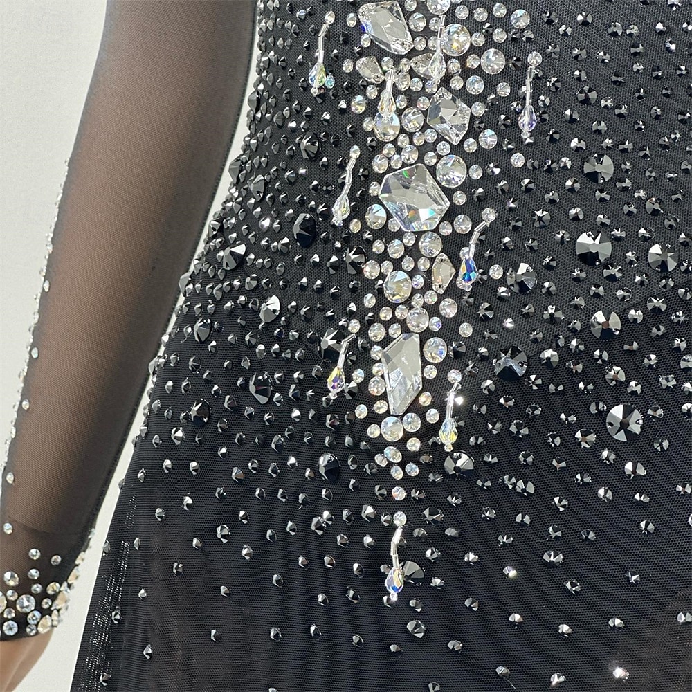 Vestido de patinaje artístico Mujer Chica Patinaje Sobre Hielo Vestidos Negro Retazos Espalda Abierta Malla Alta elasticidad Entrenamiento Competición Ropa de Patinaje Clásico Cristal / Strass Manga 2026 - $305.19 –P4