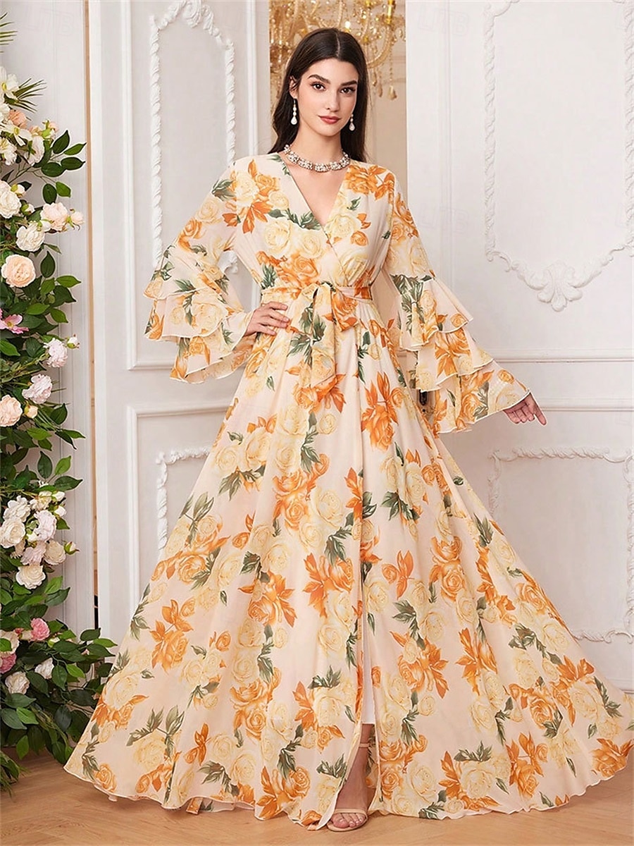 Dress Mother of the Bride Dress Elegant V Neck Floor Length Chiffon Long Sleeve with Sash / Ribbon Ruffles Wedding Guest Dress 2025 - $89.99 –P1