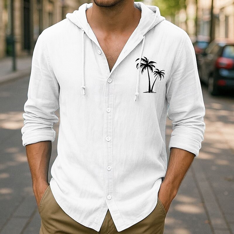 Bărbați Camașă cu nasturi Cămașă cu glugă Negru Alb Caisă Gri Albastru Deschis Manșon Lung Copac de cocos Tipar Capișon Vacanță Casual Capișon Îmbrăcăminte Modă 2025 - $27.99 –P1