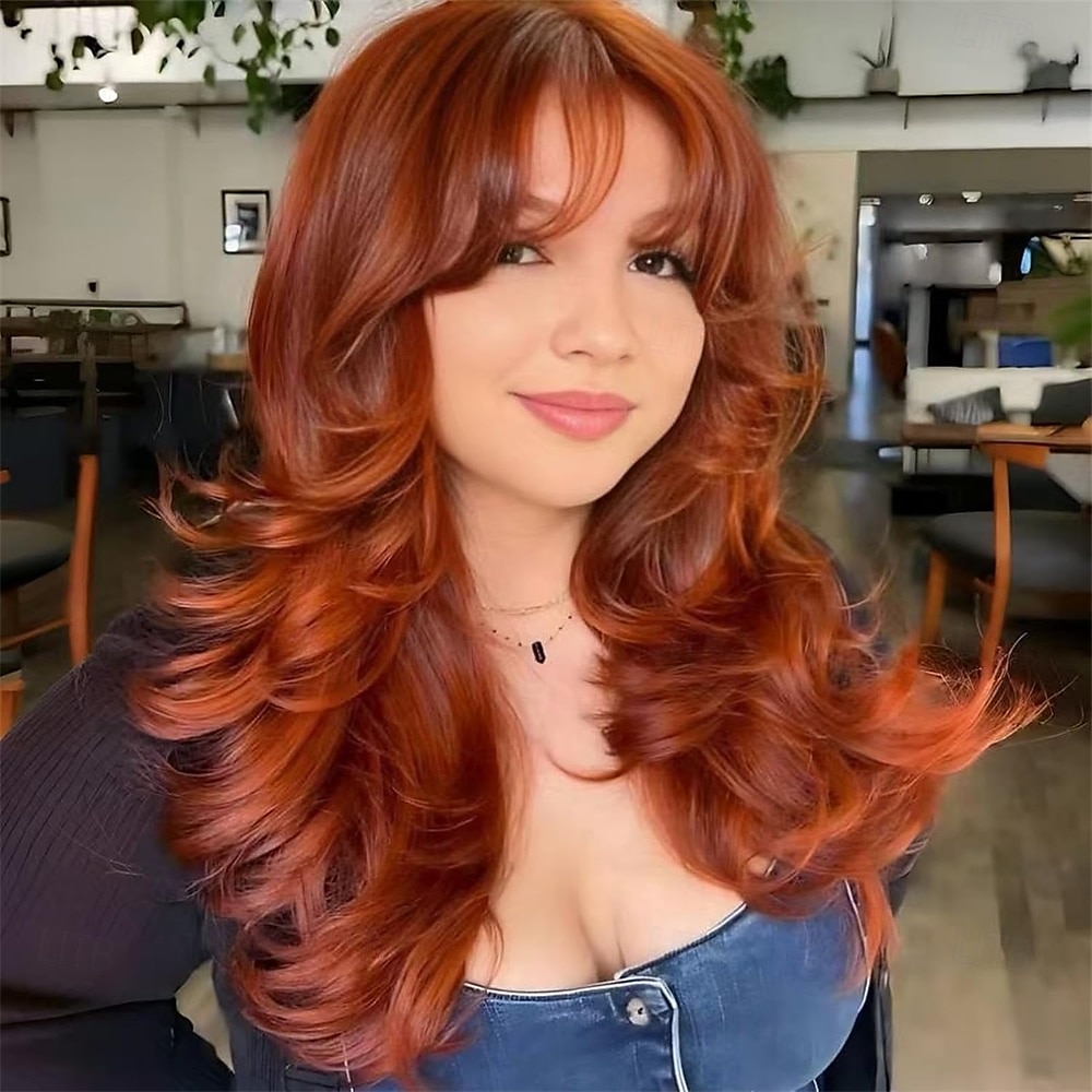Peruca ondulada em camadas marrom ombré com franja cortina para mulheres, peruca sintética marrom escuro com mechas, longa, cacheada, natural, para uso diário em festas, 24 polegadas de 2025 por $27.99 –P4