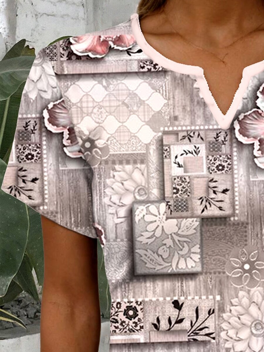 Dame T skjorte Blomstret Grafisk Geometri Stilfull Fritid Kortermet Hals med hakk Vanlige topper Daglig Helg Trykt mønster Dusty Rose Sommer Vår 2025 - $24.99 –P3