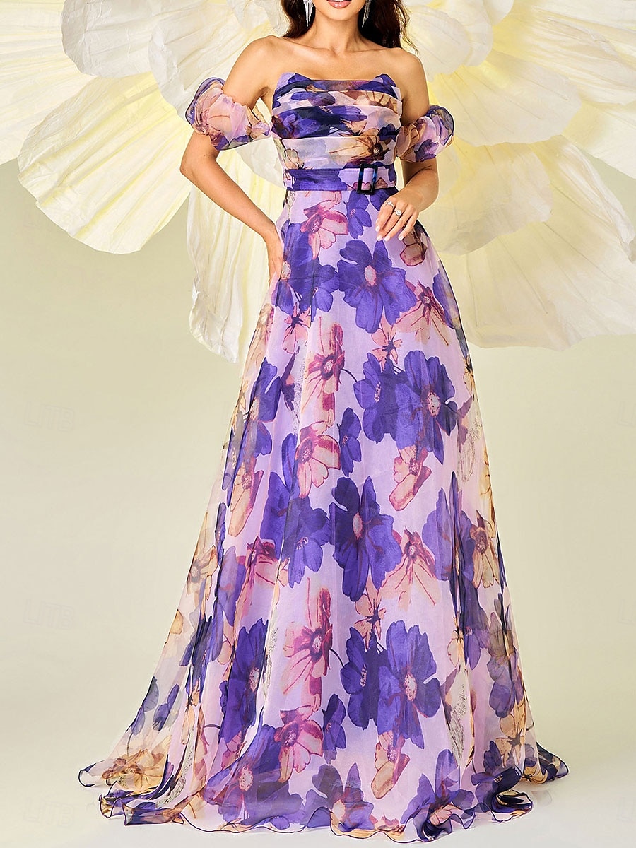A-linie šaty k quinceanera elegantní šaty svatba svatební host dlouhá délka bez rukávů bez ramínek polyester s květinovým potiskem šaty pro svatební hosty 2025 - $99.99 –P2