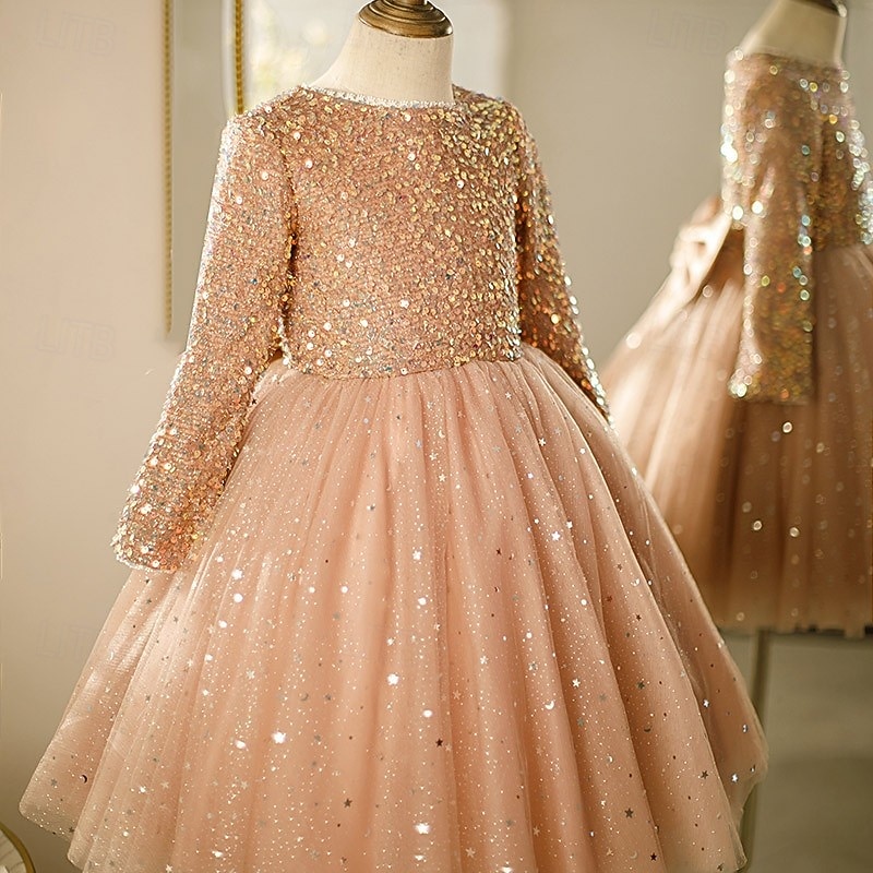 Kinder Mädchen Kleid Partykleid Einfarbig Langarm Leistung Pailletten Netz Prinzessin Süß Netzstoff Knöchellang Etui-Kleid Tüllkleid Sommer Frühling Herbst Kinder Rosa Wein Khaki 2025 - $61.99 –P2