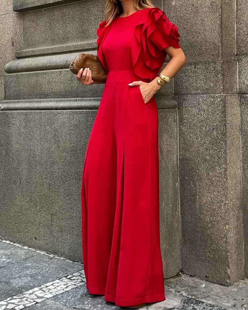 Macacões Vestido de Festa Vintage Semi Formal Convidada de Casamento Comprimento do Chão Sem Mangas Decote Redondo Crepe Esticável com Volantes de 2025 por $154.99 –P4