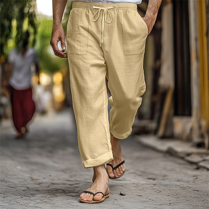 Men's Linen Pants Trousers Summer Pants Beach Pants Pocket Drawstring Elastic Waist Plain Comfort Breathable Vacation Daily Holiday Hawaiian Boho Dark Brown Lake blue 2025 - $18.99 –P10