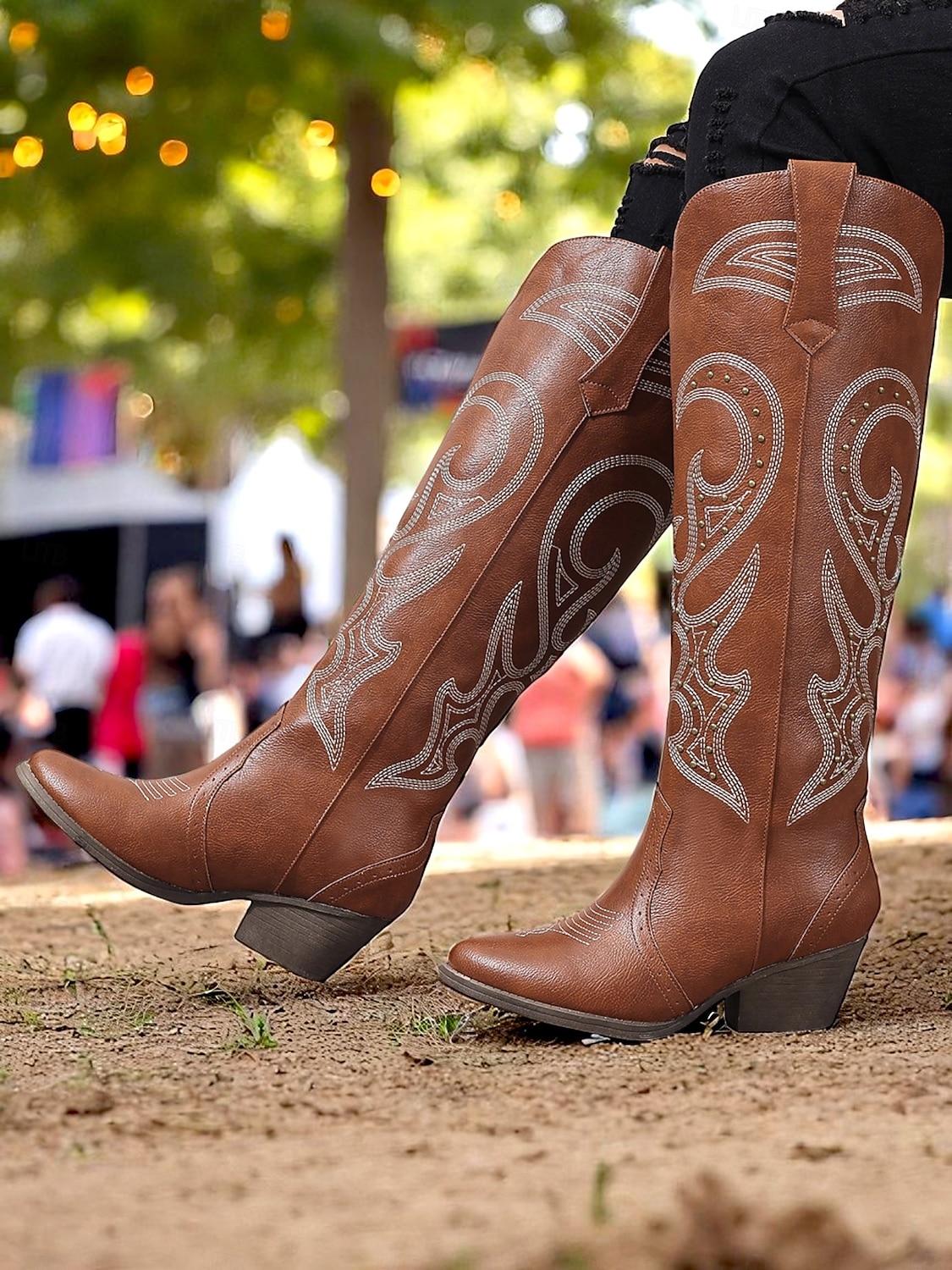 cizme de cowboy occidentale de damă cu design brodat – cizme elegante maro cu toc bloc pentru festivaluri de muzică, îmbrăcăminte casual și evenimente în aer liber 2025 - $64.99 –P5