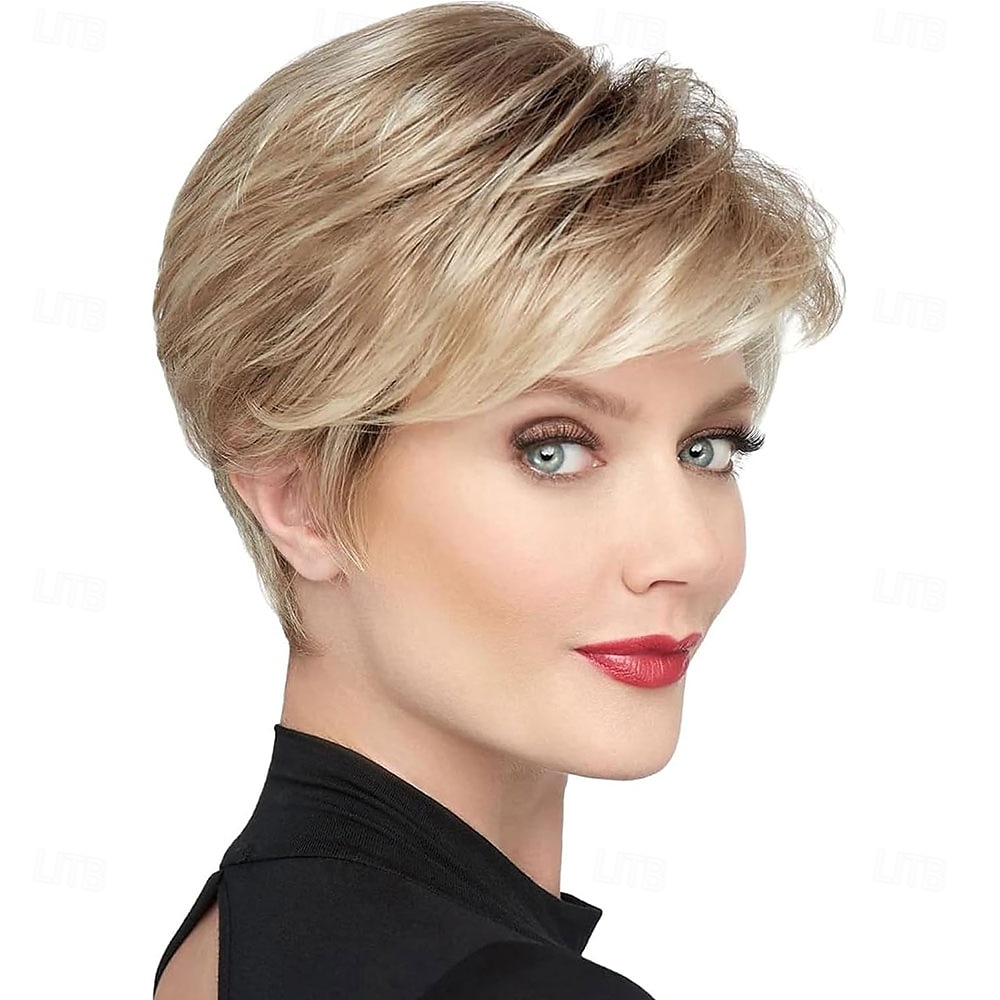 Parrucca corta bionda con taglio pixie per donna, con strato soffice e meches, con radice elasticizzata, parrucca pixie sintetica con frangia per donna, parrucca sostitutiva da indossare ogni giorno del 2025 a $25.99 –P1