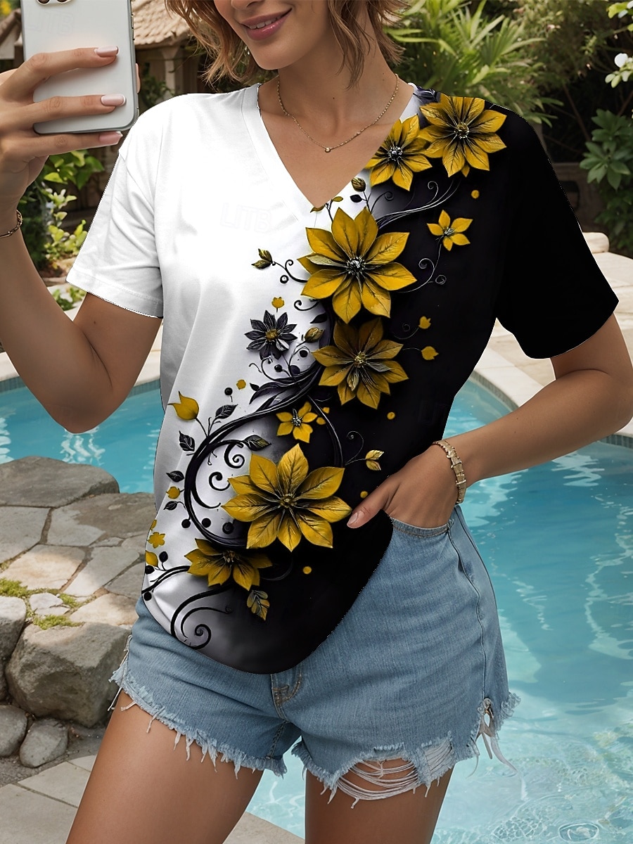 Femmes T-shirt Fleuri Graphique ancien Élégant Moderne Manche Courte Col en V Hauts Réguliers Quotidien Imprimé Jaune Rouge Bleu Violet Vert Été de 2025 ? $19.99 –P7