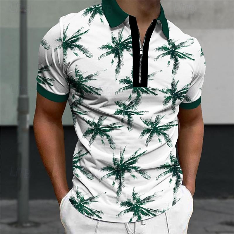 Men's Palm Tree Hawaiian Polo Shirts Golf Shirt Short Sleeve Polo Shirts Collared Shirts Casual Beach Wear Vacation Wear Tropical Wear Party Outfits 3D Print Quarter Zip Polo Summer Dark Navy Green 2025 - $22.99 –P9