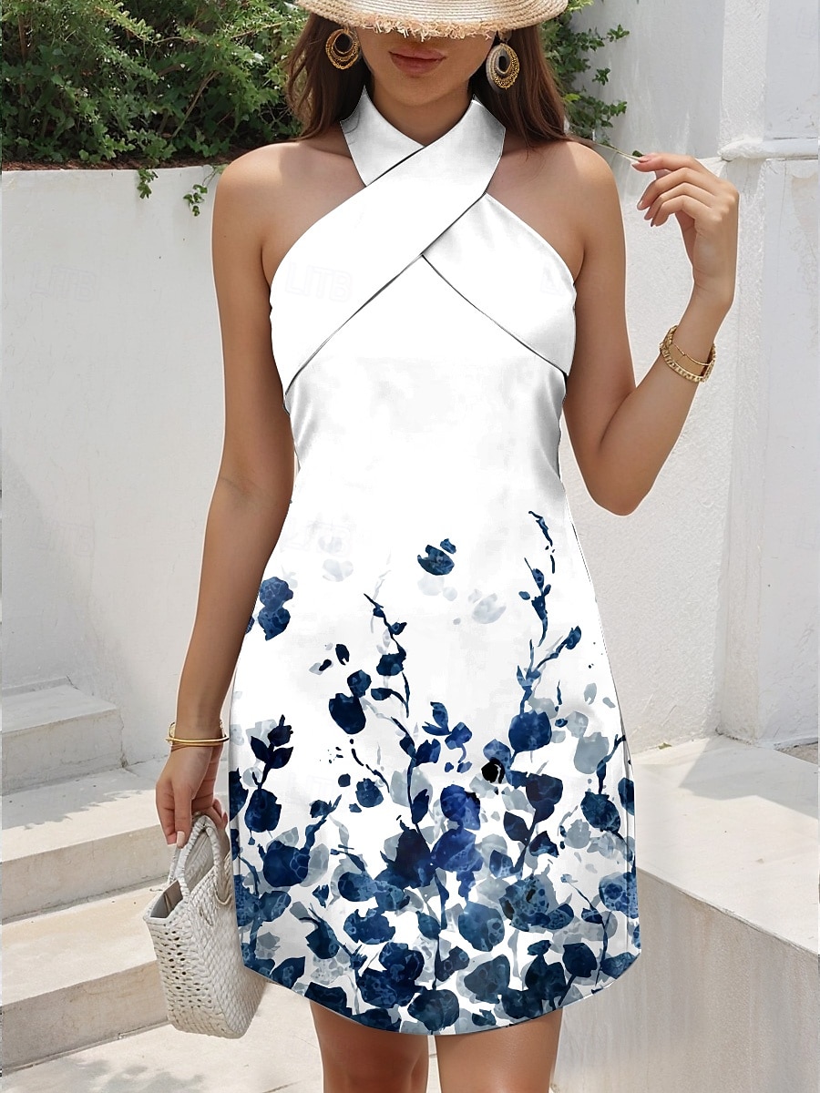 Femmes Mini Robe Robe d'Été Robe trapèze Robe dos nu Vacances Occasionnel Sortir Coupe régulière Fleuri Graphique Sans manches Col en V Noir Blanche Bleu Vert Été de 2025 ? $23.99 –P3