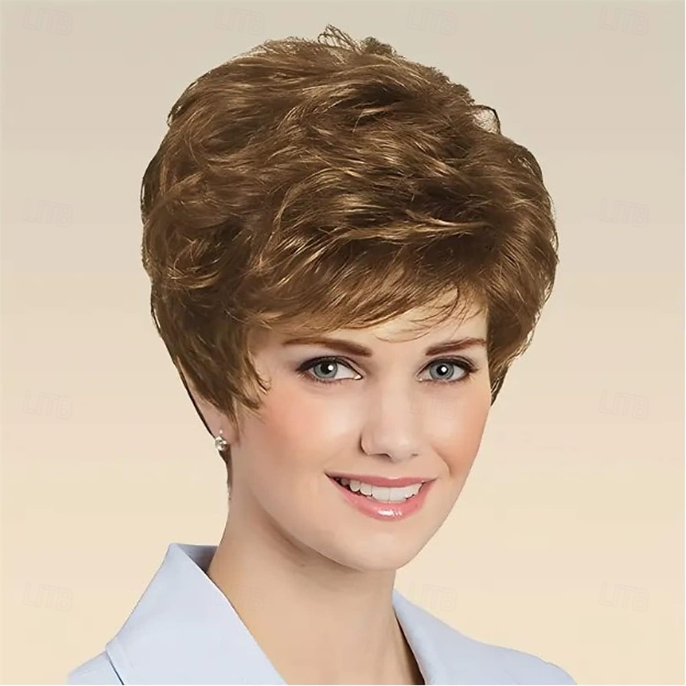 Perruque courte brune coupe lutin, perruques courtes en cheveux superposés avec frange, perruque de remplacement en cheveux synthétiques duveteux pour femmes, perruques de costumes d'Halloween de 2025 ? $25.99 –P1