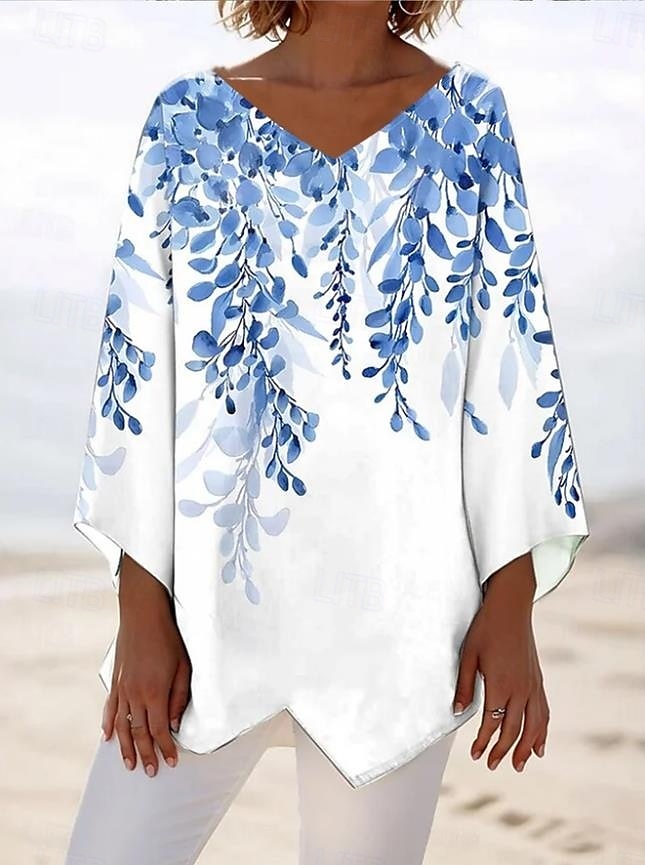 Dame Bluse Blomstret Grafisk Blad Hawaiisk Stilfull Fritid Langermet V-hals Vanlige topper Daglig Ferie Ut på byen Trykt mønster Rosa Blå Grønn Sommer Vår 2025 - $25.99 –P1