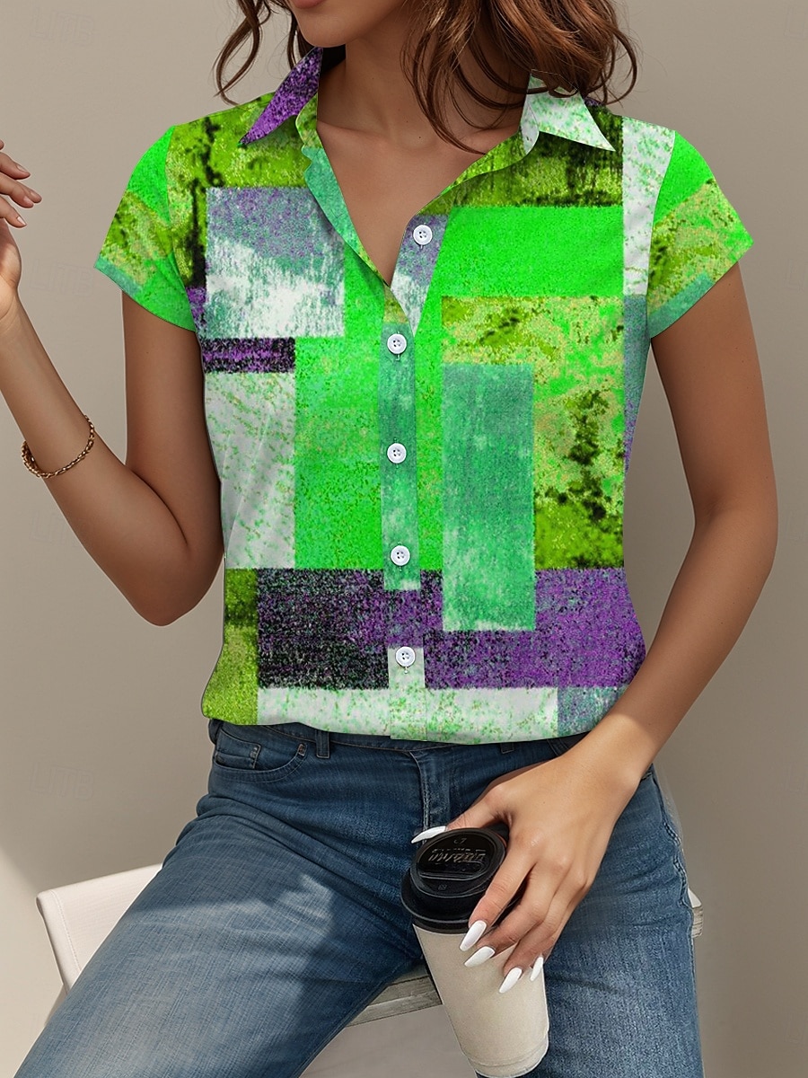 Dames Overhemd Grafisch Geometrisch Vintage Tropisch Dagelijks Korte mouw Kap Overhemdkraag Normale tops Dagelijks Rood blauw Oranje Groen Zomer Lente 2025 - $25.99 –P4