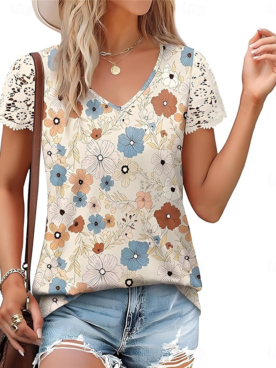 Womenské blůzy Krajka Splicing Top Květinové Listy Stylový Neformální Krátký rukáv V Krk Pravidelné topy Denní Krajkový potisk Žlutá Modrá Meruňková Léto Jaro 2025 - $19.99 –P7