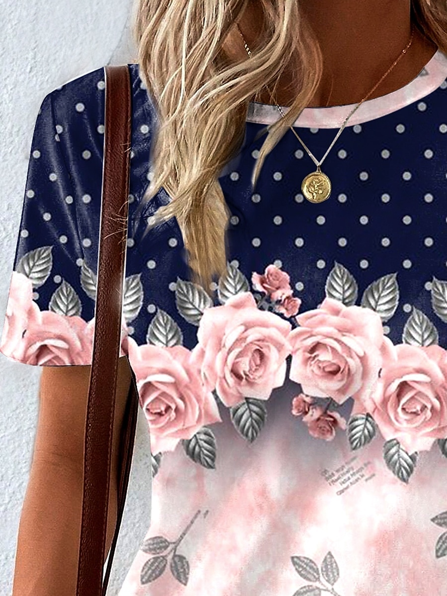 Femmes T-shirt Fleuri Graphique À pois ancien Élégant Classique Manche Courte Col ras du cou Col rond Hauts Réguliers Quotidien Imprimé bleu marine Été de 2025 ? $19.99 –P2