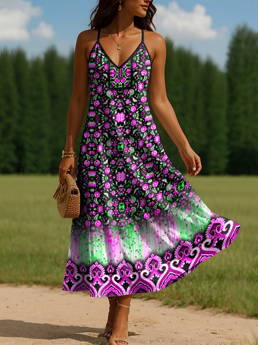 Damen Maxikleid A Linie Kleid Unterkleid Urlaub Lässig Outdoor Normale Passform Blumen Grafik Ärmellos V Ausschnitt Spaghettiträger Gelb Rote Blau Purpur Sommer Frühling 2025 - $31.99 –P5