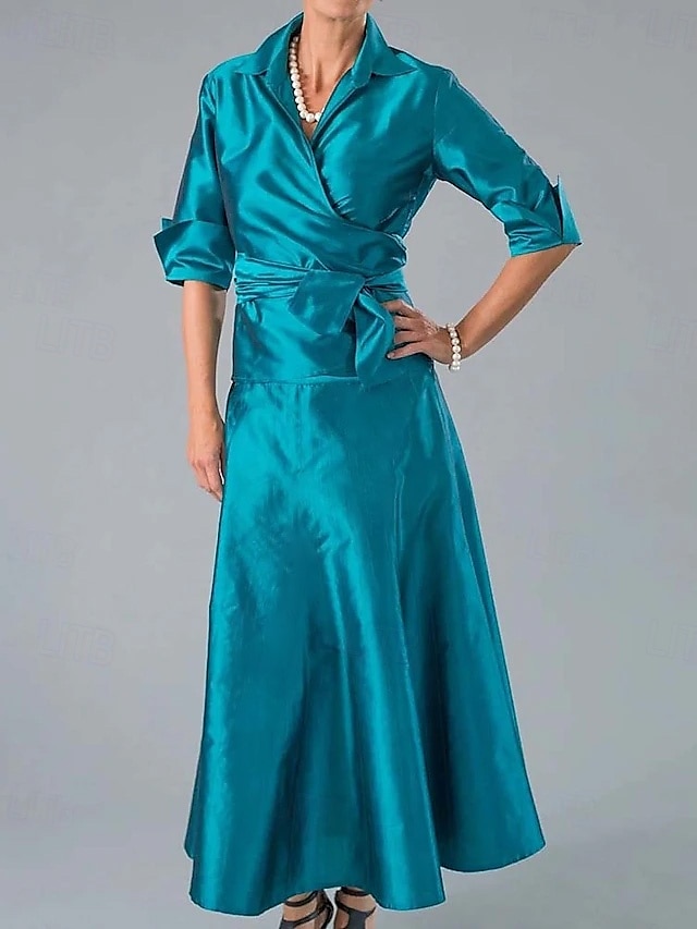 Twee Delige A-lijn Moeder van de Bruid Jurk Elegante Simpele Minimalistische Overhemdkraag Enkellengte Satijn Polyester Halve Mouw met Drapering Effen Kleur Race Dag Jurk 2025 - $148.99 –P2