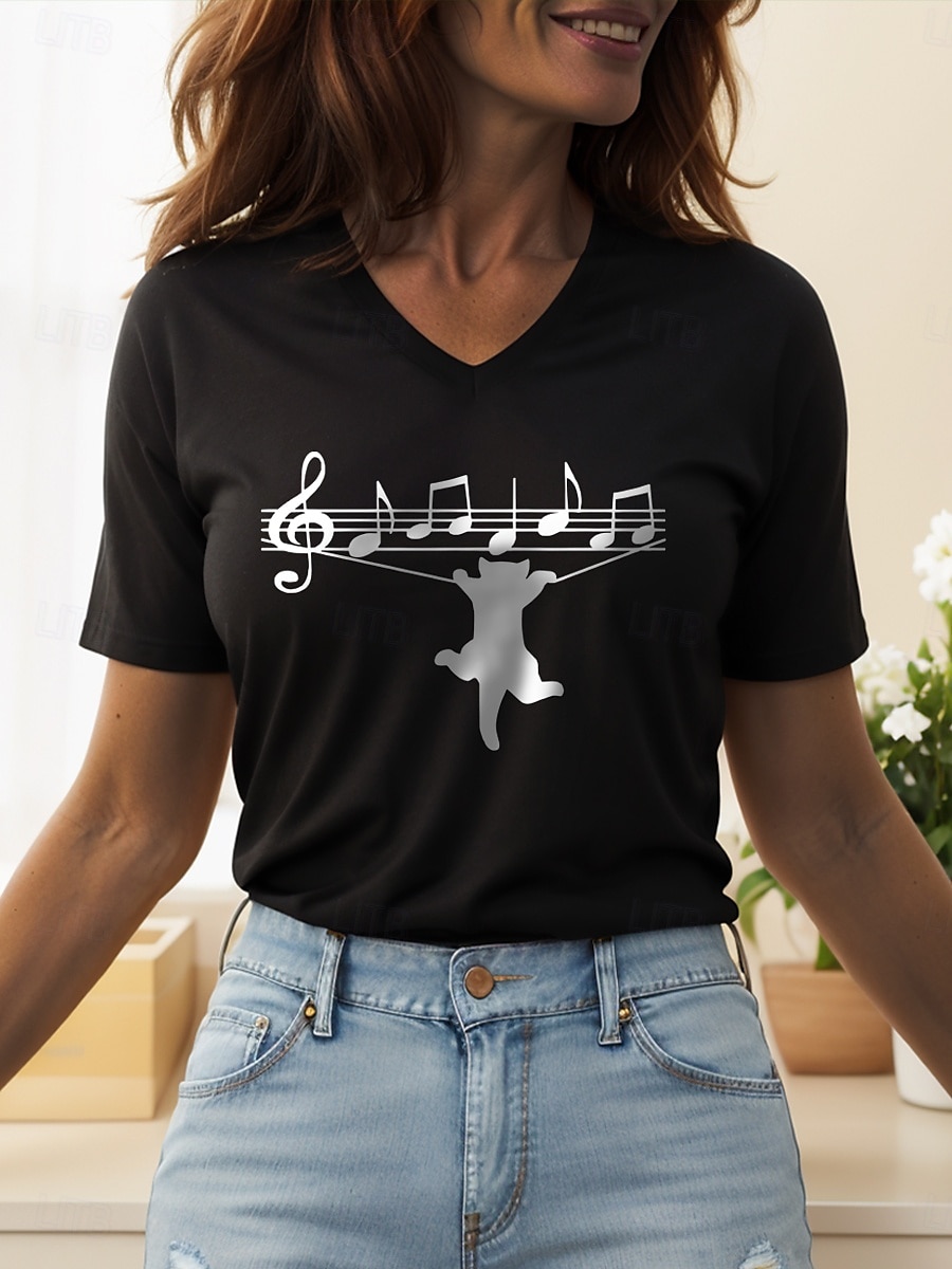 Femmes Chemisier Graphique Chat Lettre ancien Élégant Classique Manche Courte Col en V Hauts Réguliers Quotidien Sortir Tenue de plage Imprimé Noir Blanche Été Printemps de 2025 ? $27.99 –P1