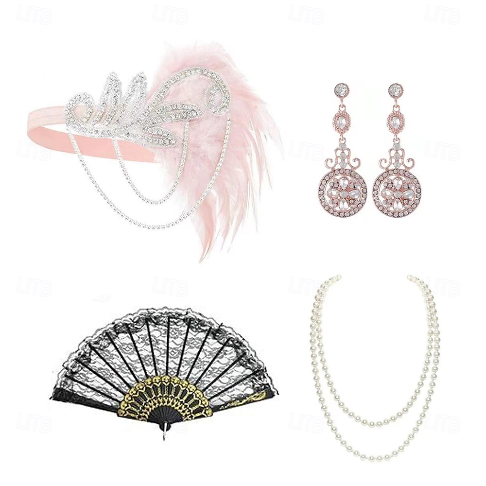 1920-as évek A nagy Gatsby Flapper fejpánt Gyöngyös karkötő Fülbevaló A nagy Gatsby Toll Retro Csillogó glitter Kristály / Strassz Női Farsang Valentin nap Álarcos mulatság Party estélyi viselet 2025 - $23.99 –P4