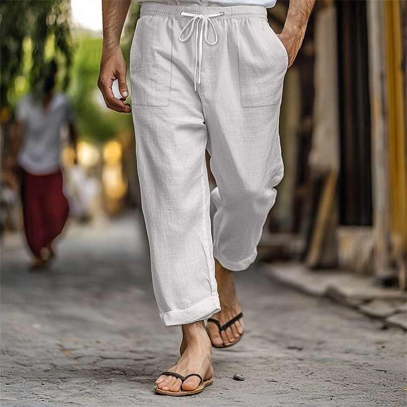 Men's Linen Pants Trousers Summer Pants Beach Pants Pocket Drawstring Elastic Waist Plain Comfort Breathable Vacation Daily Holiday Hawaiian Boho Dark Brown Lake blue 2025 - $18.99 –P12