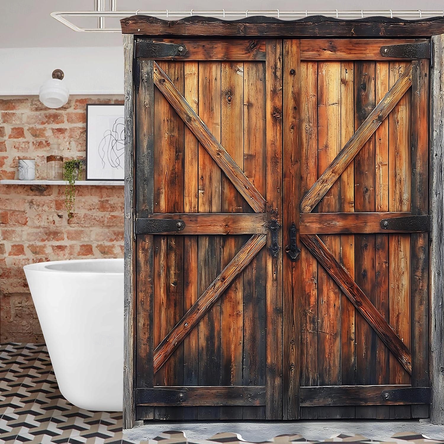 Zuhanyfüggöny 12 kampóval 180cm*180cm (70"*70") poliészter gépben mosható vízálló vintage hamis ajtó pajta minta 2025 - $19.99 –P1