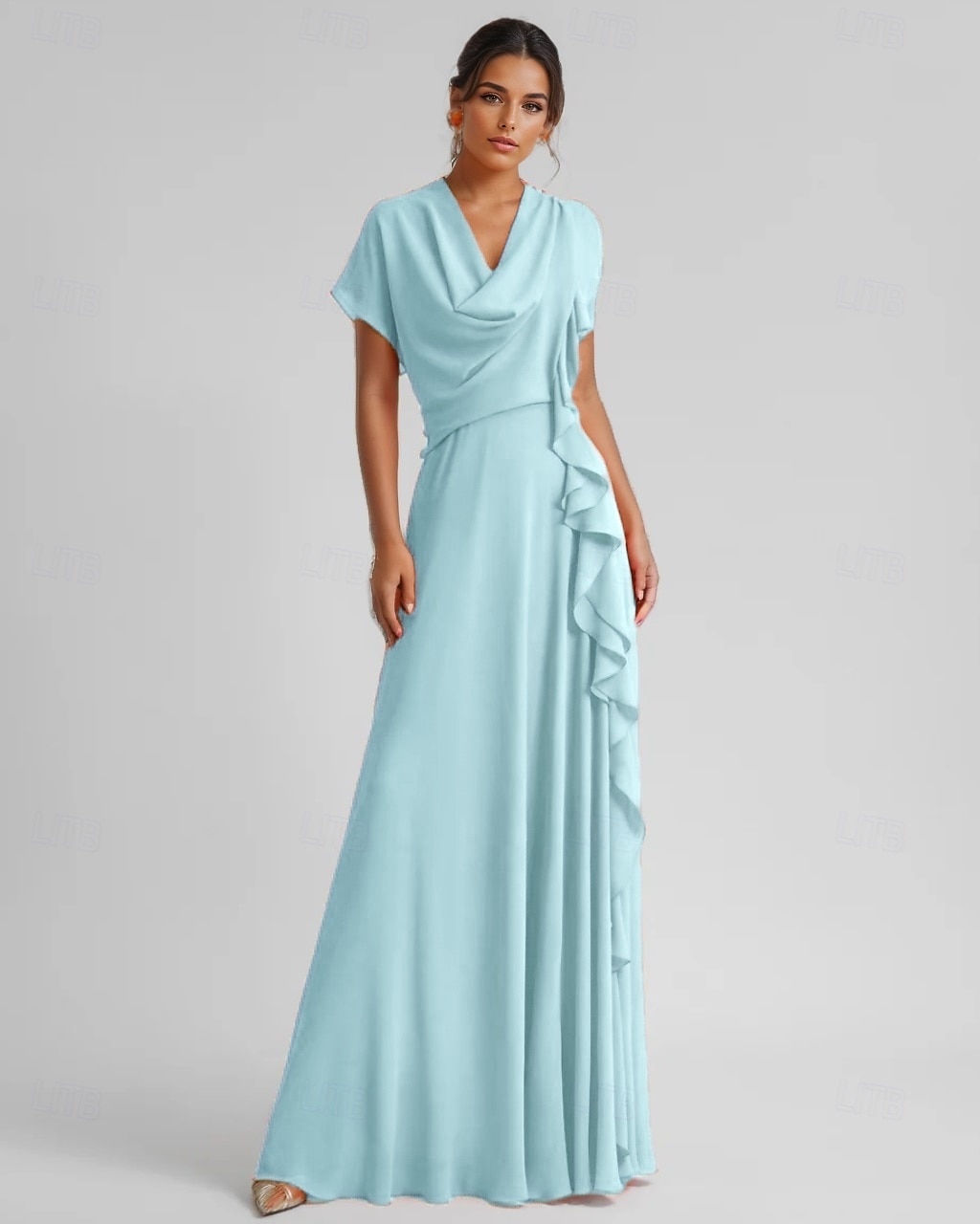 Robe de cocktail jaune élégante en crêpe extensible à volants froncés, longueur au sol, manches 3/4, col en V, pour invité de mariage, 2025 de 2025 ? $109.99 –P5