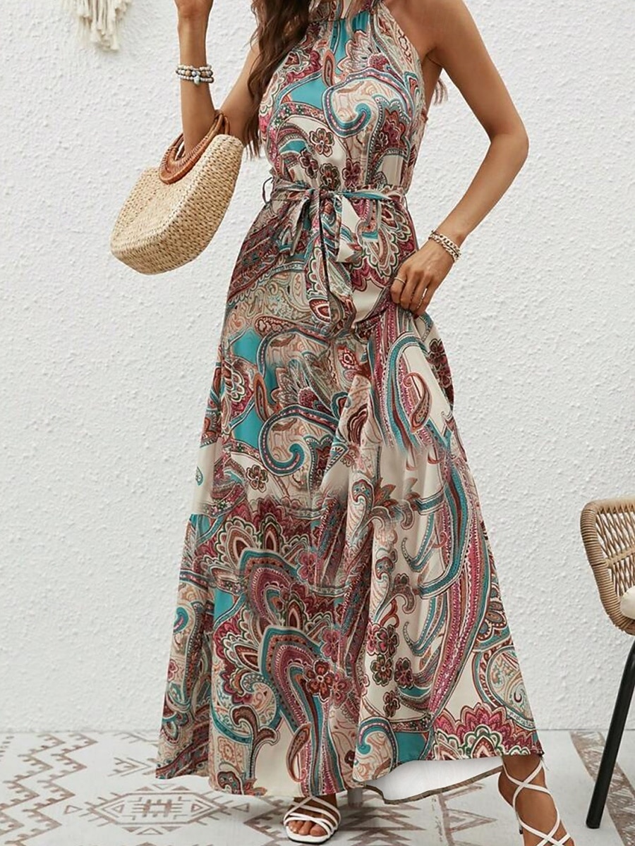 Dam Maxiklänning A linjeklänning Off Shoulder Klänning Semester Ledigt Boho Utomhus Utekväll Normal Grafisk Paisley Ärmlös Halterneck Blå Purpur Brun Aprikos Sommar 2025 - $29.99 –P6