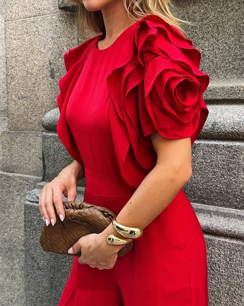 Macacões Vestido de Festa Vintage Semi Formal Convidada de Casamento Comprimento do Chão Sem Mangas Decote Redondo Crepe Esticável com Volantes de 2025 por $154.99 –P2