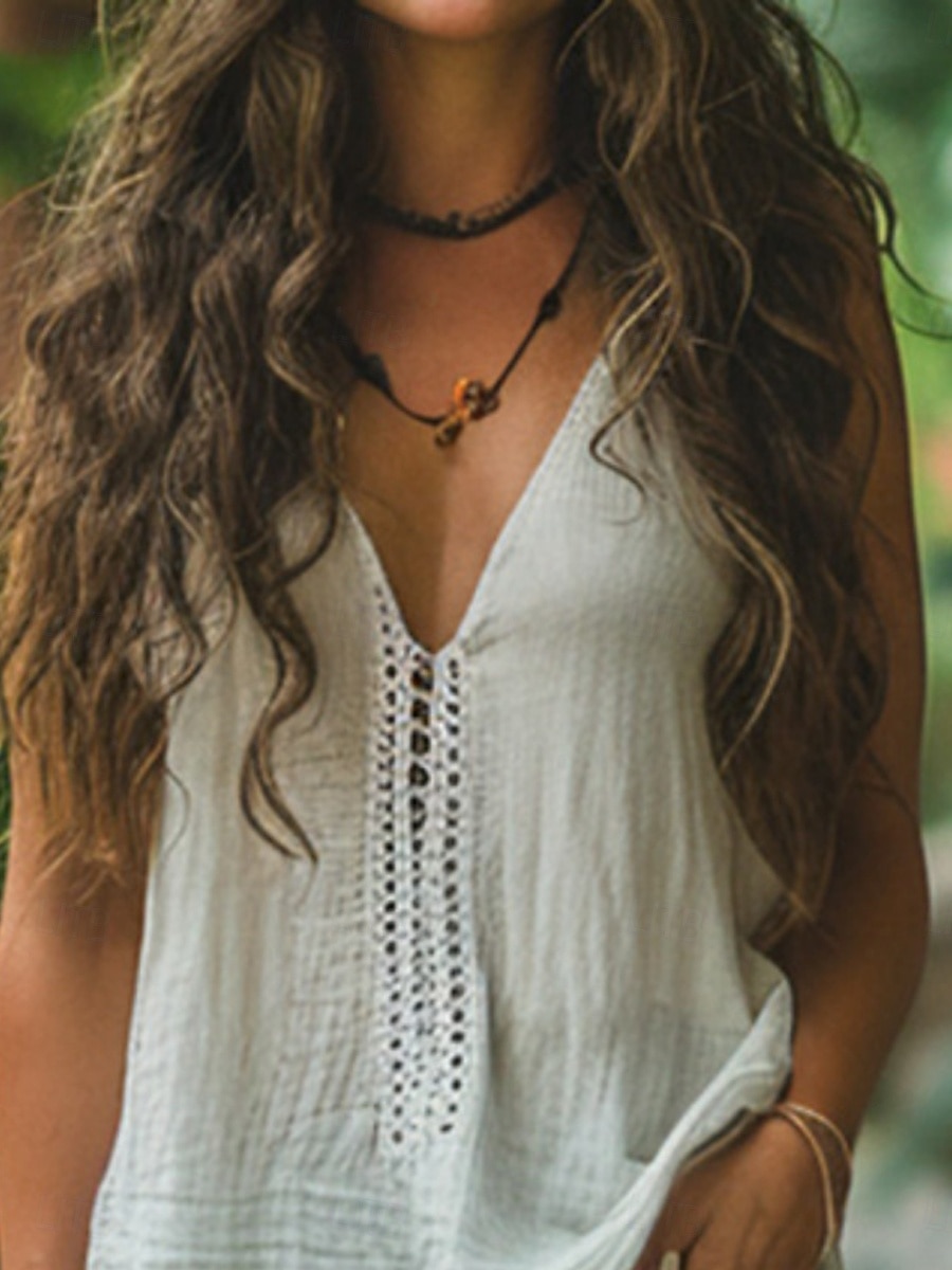 Women's Linen-Inspired Shirts Camisole Tank Top Plain Retro Vintage Ethnic Sleeveless Strap Regular Tops Daily Patchwork White Summer 2025 - $17.99 –P1