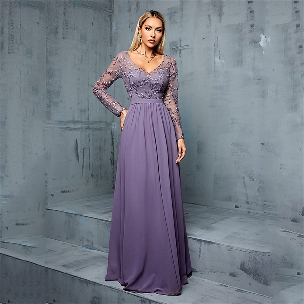 A-Lijn Quinceanera Jurken Elegante Jurk Bruiloft Bruiloft Gast Vloerlengte Lange Mouw V-hals Chiffon met Plissé 2025 - $99.99 –P6