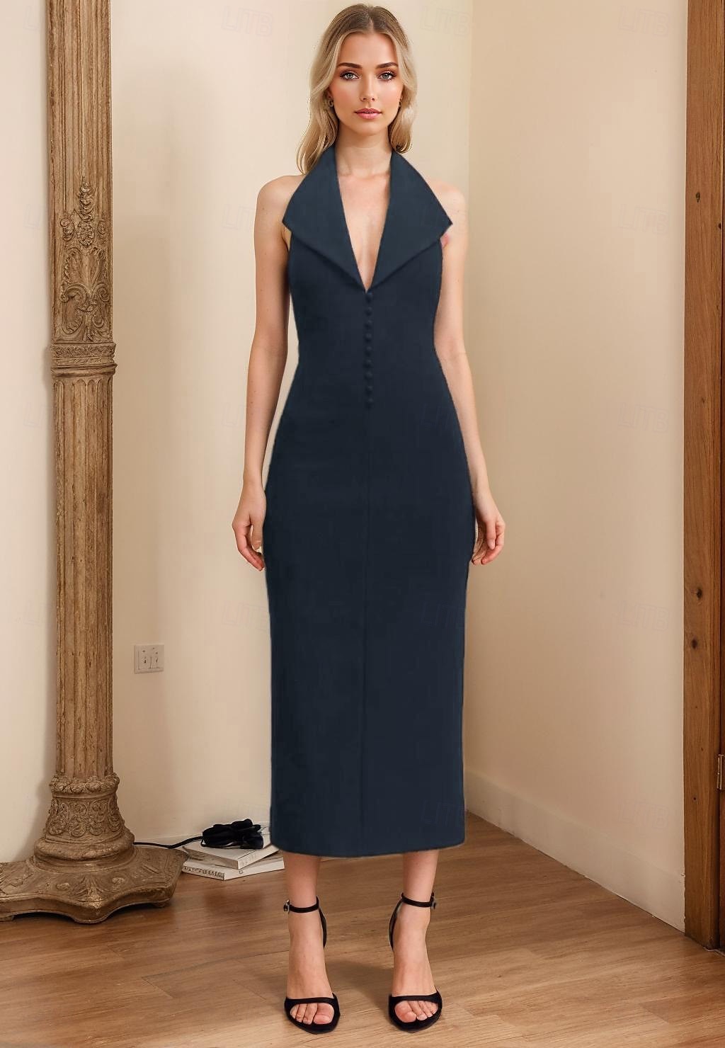 Tuxedo Šaty Přiléhavé  Sloupec Koktejlové Šaty Elegantní Poloneformální Svatební Čajová Délka Bez Rukávu V Krku Stretch Krepa 2025 - $129.99 –P6