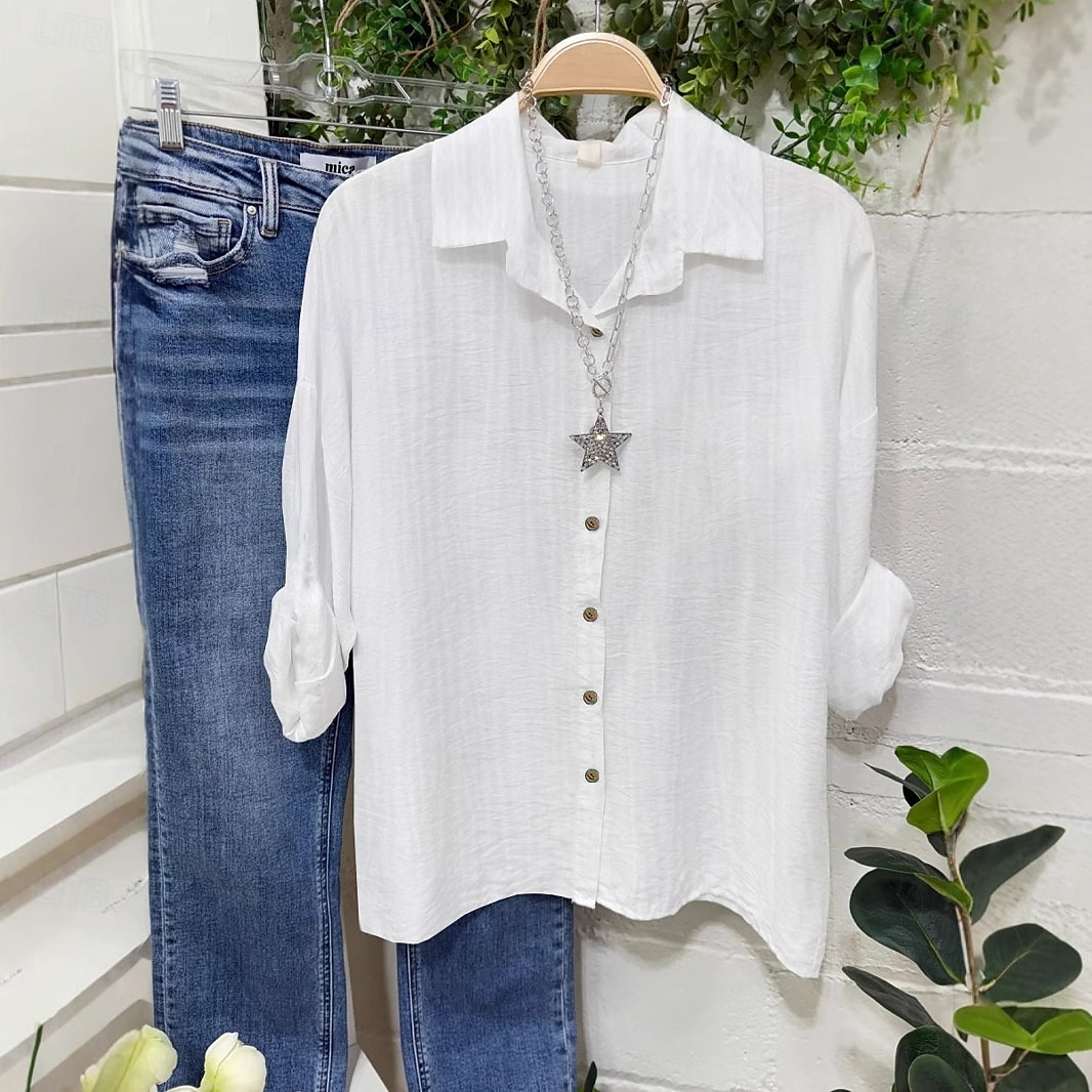 Damen Bluse aus Baumwolle und Leinen, einfarbig, elegant, stilvoll, lässig, langärmelig, V-Ausschnitt, normale Oberteile, Alltag, Urlaub, Knöpfe, weiß, gelb, rosa, blau, grau, Sommer, Frühling 2025 - $22.99 –P1