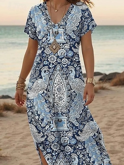 Femmes Robe maxi Robe d'Été Robe trapèze Vacances Occasionnel Boho Sortir Plage Coupe Ample Fleuri Graphique Géométrique Manche Courte Col en V Bleu Été Printemps de 2025 ? $28.99 –P3