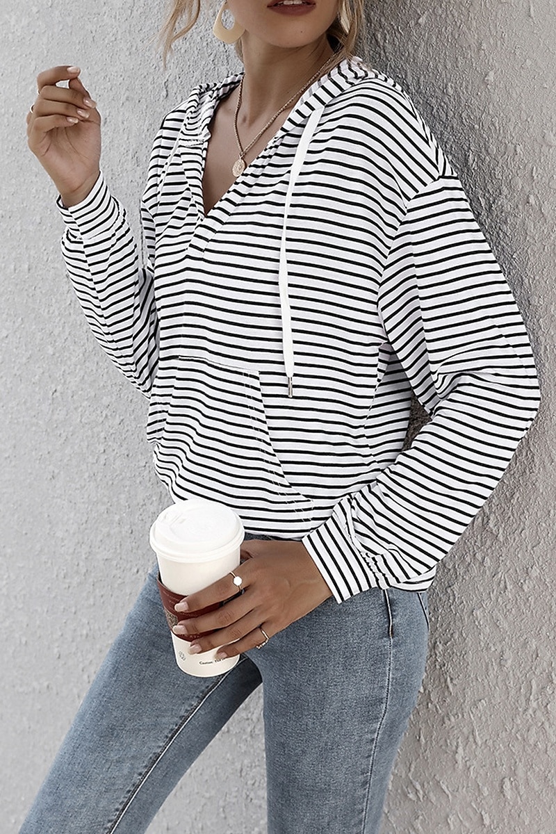 Dames Blouse Gestreept Casual Lange mouw Capuchon Normale tops Dagelijks Uitgaan Zak Wit Bruin Zomer 2025 - $19.49 –P2