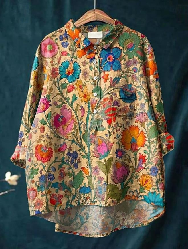 Dame Skjorte Helfarge Blomstret Bohem Daglig Stilfull Langermet Skjortekrage Vanlige topper Daglig Ferie Ut på byen Lapper Knapper Trykt mønster Hvit Gul Blå Oransje Grønn Sommer Vår 2025 - $25.99 –P2