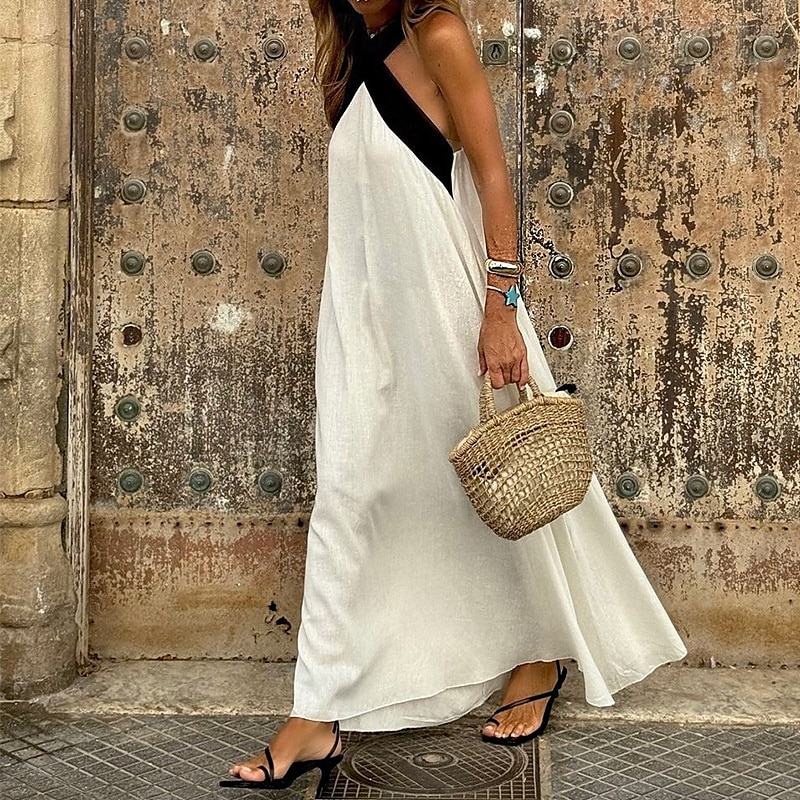 Damen Langes Kleid Maxikleid Baumwoll-Leinenkleid Mode Klassisch Täglich Ferien Ausgehen Normale Passform Farbblock Ärmellos V Ausschnitt Schwarz Weiß Sommer 2025 - $32.99 –P8