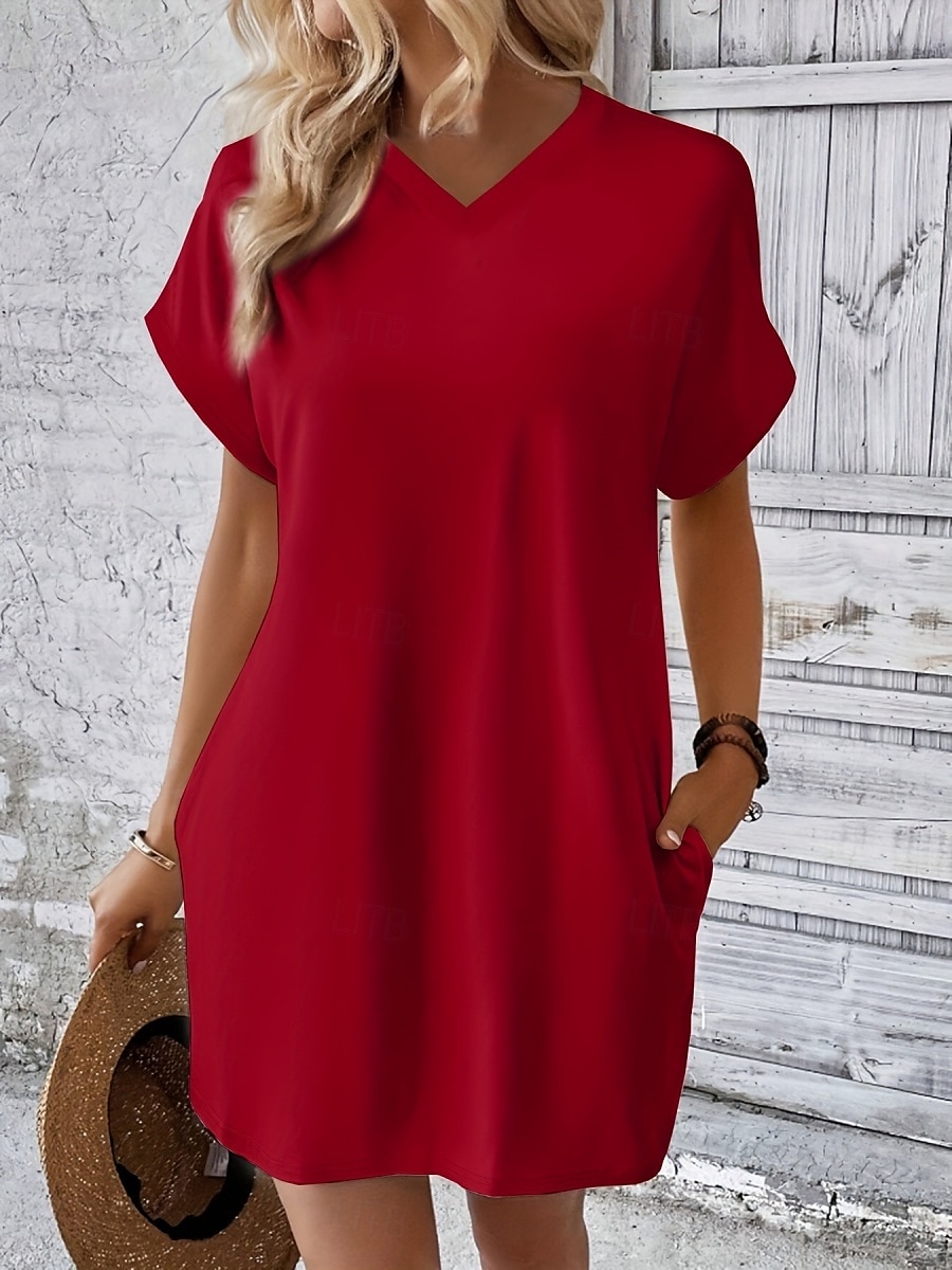 Damen Mini Kleid T-Shirt Kleid Tee Kleid einfarbig Sommer Kleid lässig täglich reguläre Passform Grafik Kurzarm V-Ausschnitt Schwarz Rot Olivgrün Aprikose Sommer 2025 - $19.99 –P20