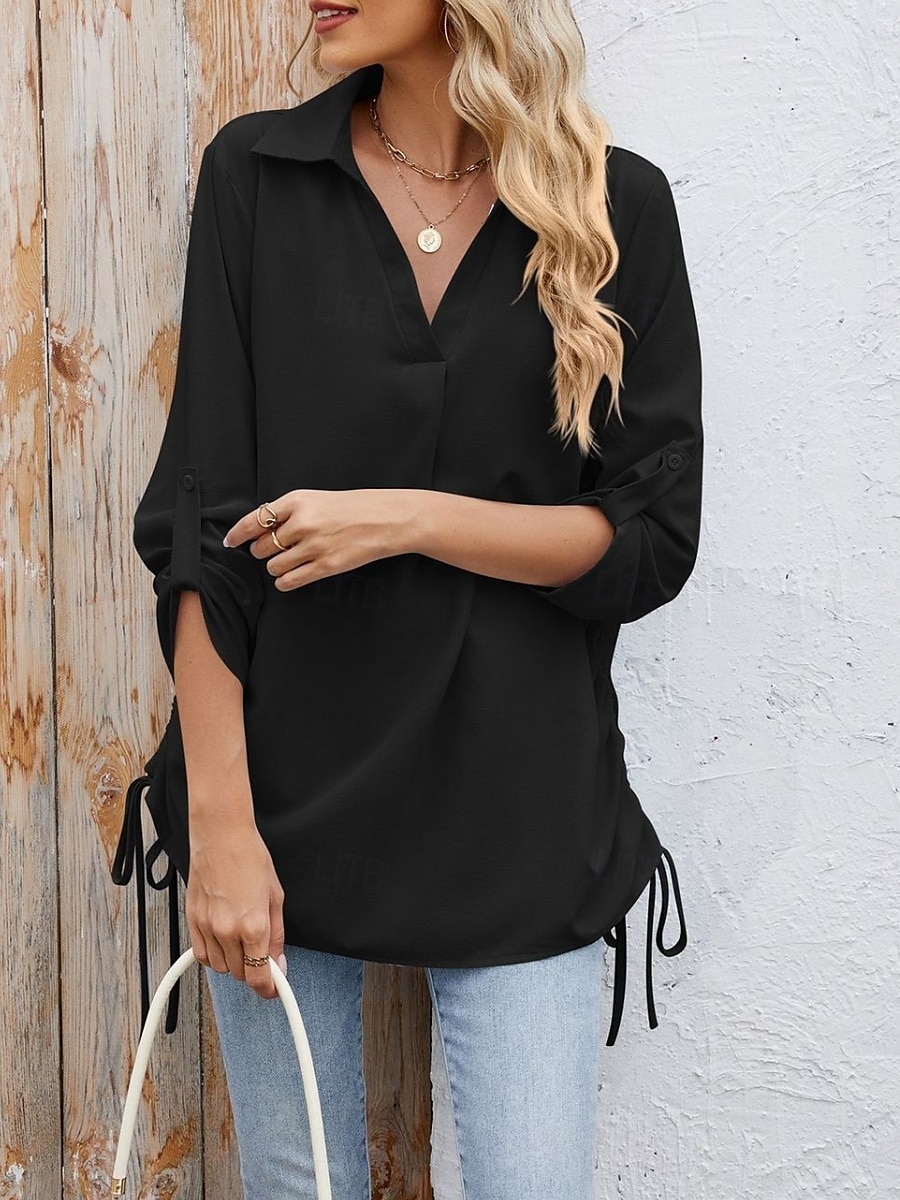 Dames Overhemd Blouse Effen Kleur Stijlvol Casual Lange mouw Overhemdkraag Normale tops Dagelijks Knop Zwart Wit Hemelsblauw Fuchsia Zomer Lente 2025 - $22.99 –P3