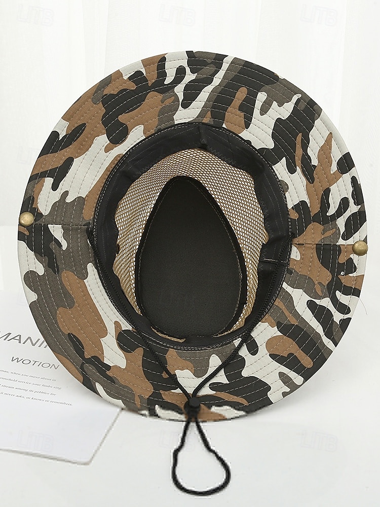 Herren-Sonnenhut aus Camouflage-Netzgewebe mit breiter Krempe und Kinnriemen – atmungsaktiver Outdoor-Wander- und Angelhut für Sommerreisen und Camping 2025 - $11.99 –P5
