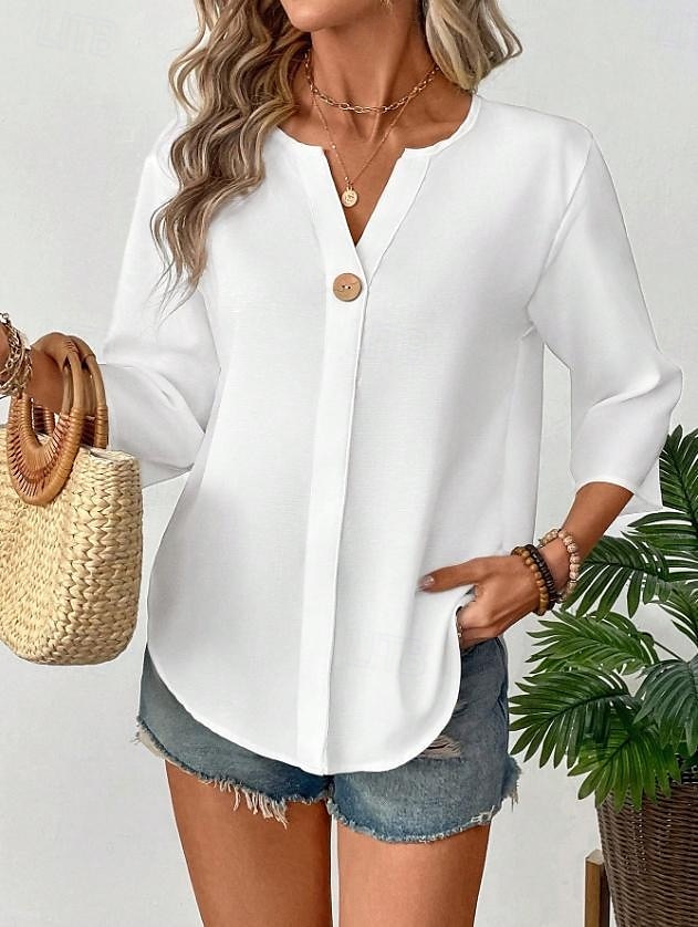Dame Bluse Helfarge Stilfull Fritid 3/4 ermer V-hals Vanlige topper Daglig Ferie Knapper Svart Hvit Oransje Sommer Vår 2025 - $26.99 –P8