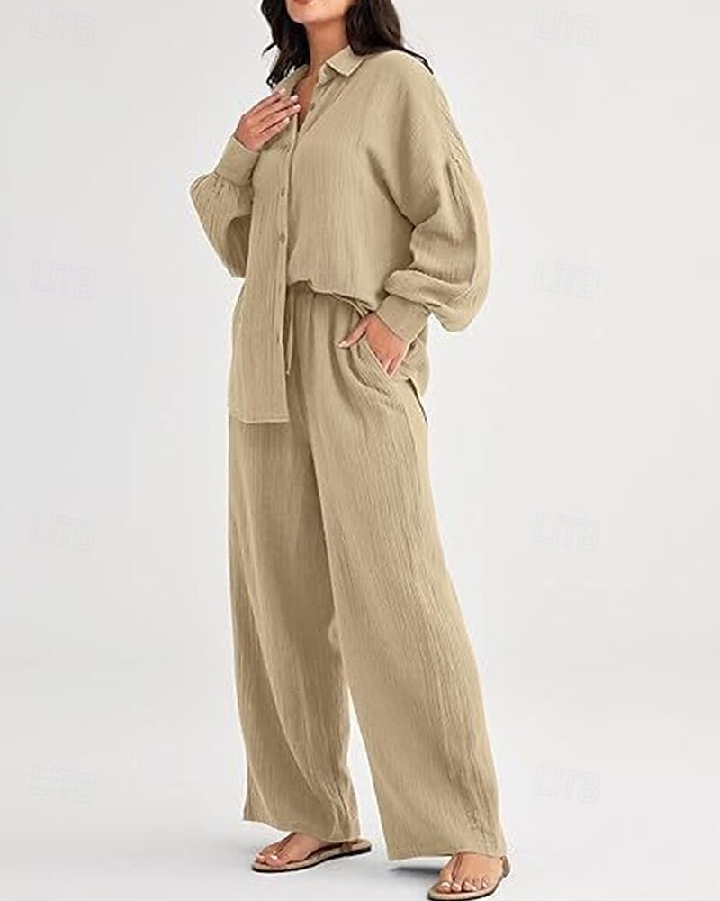 Dam Mode Streetwear Skjorta Tvådelade set Byxuppsättningar Långärmad Tröjkrage Ensfärgat Snörning Dagliga kläder Datum Svart Vin Armégrön Vår Normal 2025 - $38.99 –P2