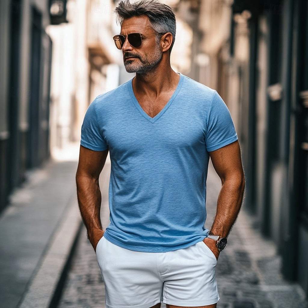 Men's T Shirt Tee Top Bamboo T-shirt Short Sleeve Short Sleeves V Neck Summer Solid Color Plain Fashion Designer Basic V Neck Casual Vacation Street Blue Top Tee for Men 2026 - $17.99 –P2